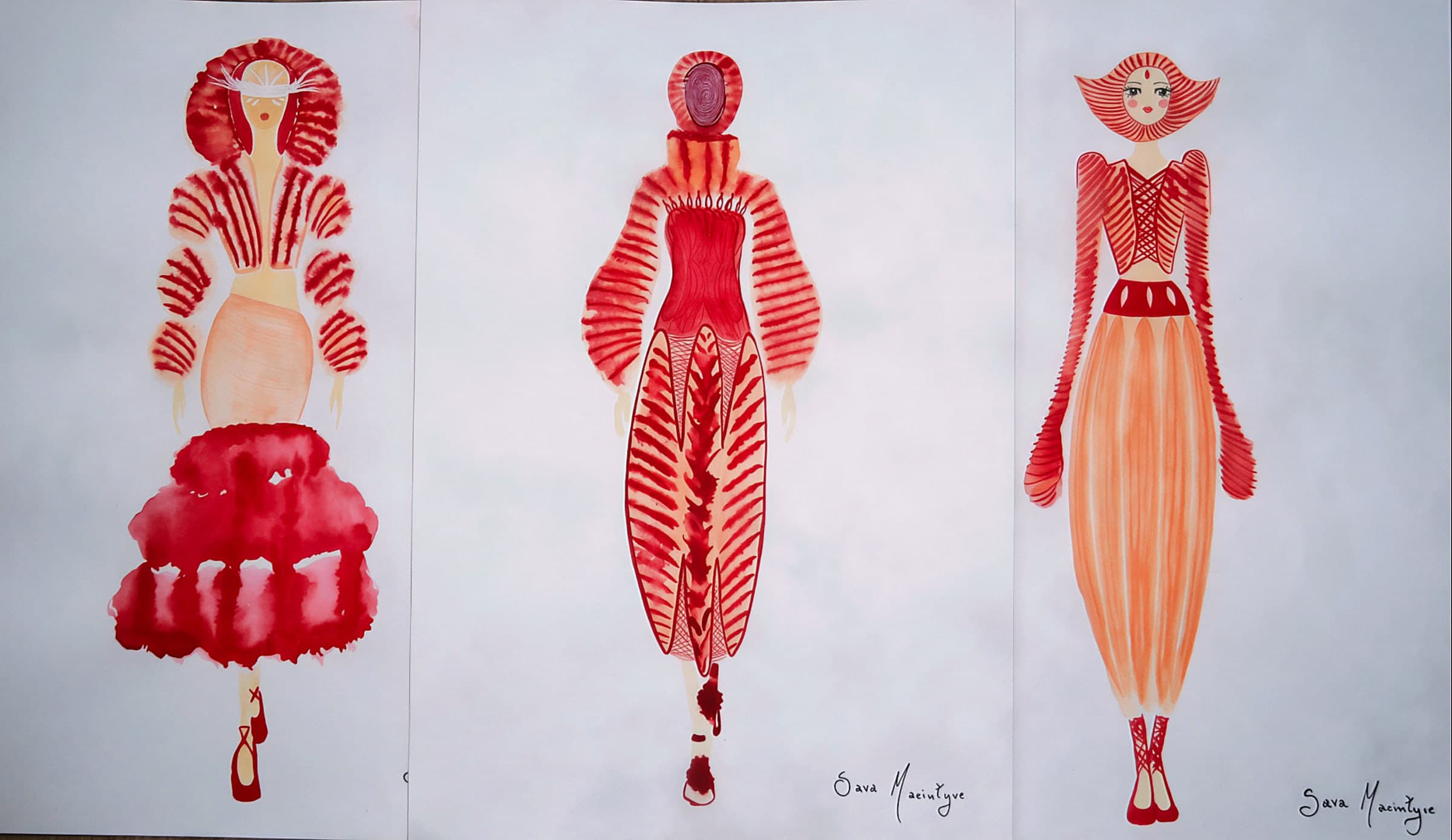 Three fashion sketches in red and pale tones, studying silhouettes and volumes.
