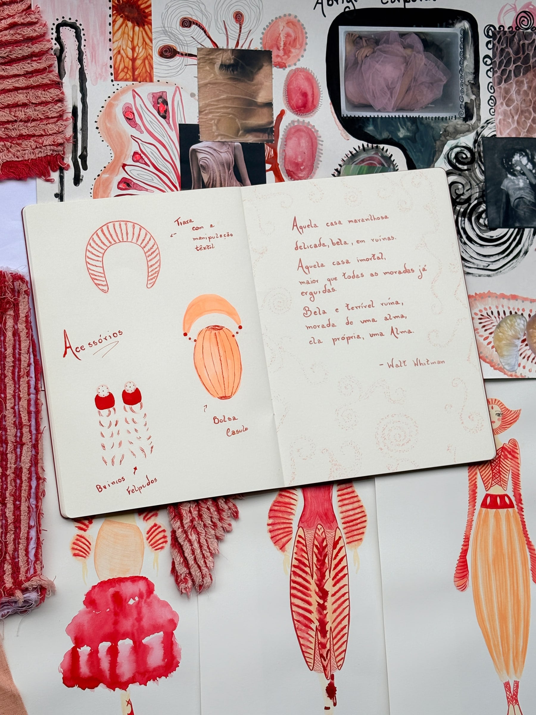 A page of notes and drawings over a board of references and sketches.