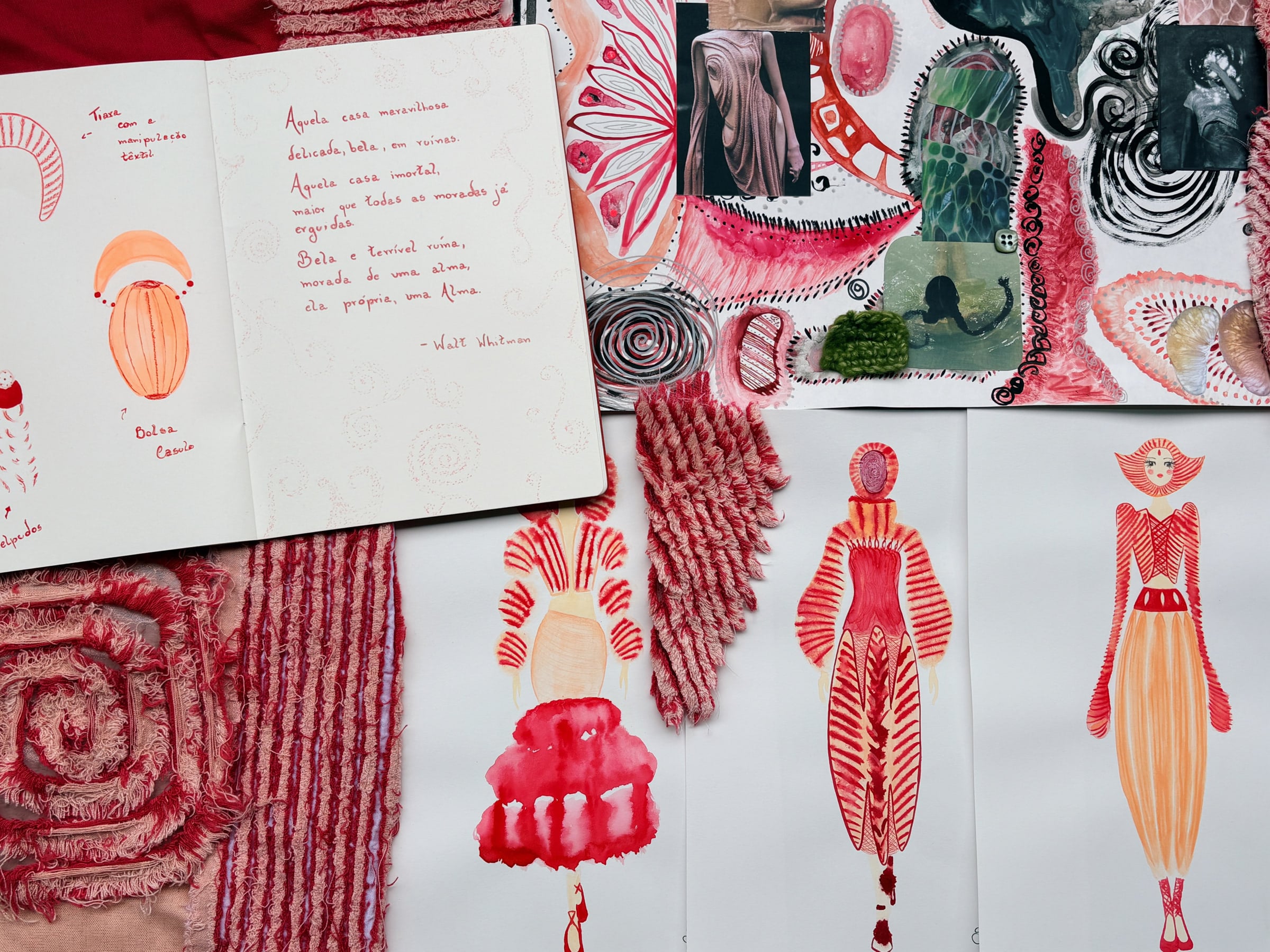 Sketches, visual references and a page of notes gathered on one board.